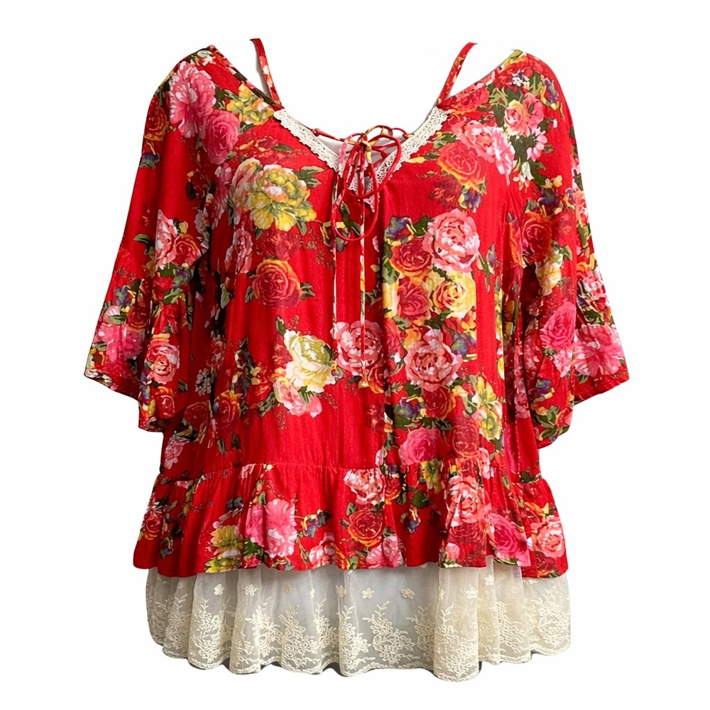 Umgee Floral Boho Top Size Large Blouse Cottagecore Lace Hem Flowy Women’s Top - Picture 4 of 16
